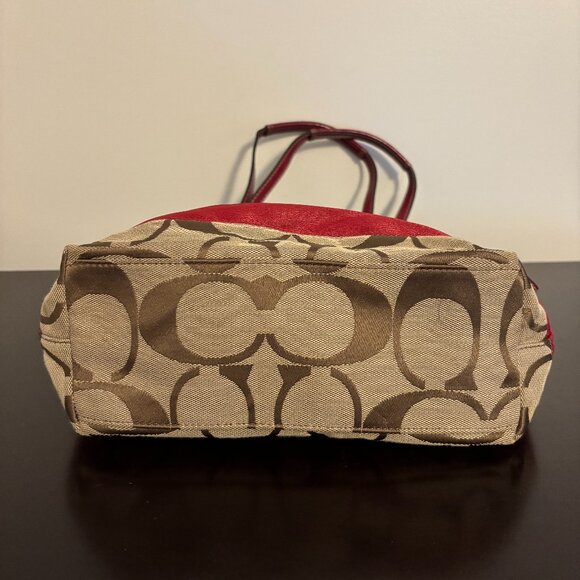 Coach Signature Khaki Red Stripe Red Patent Leather Medium Tote - Picture 8 of 11